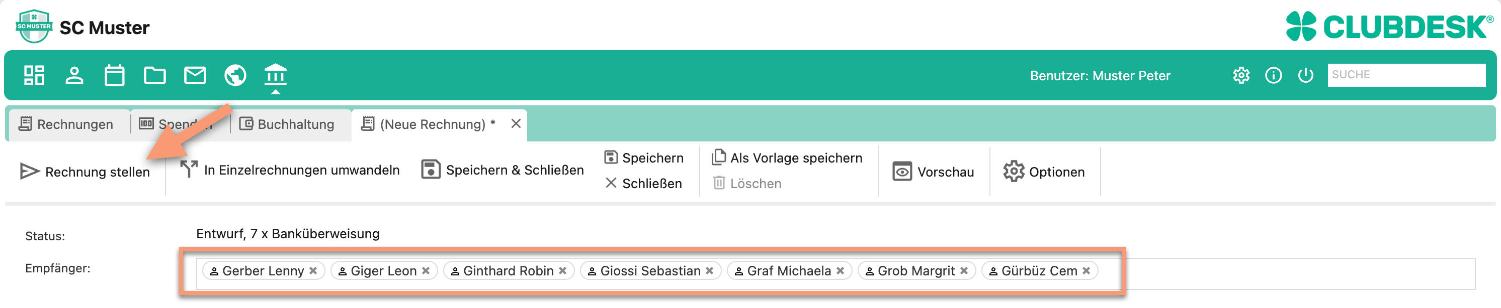 Screenshot des ausgefüllten Rechnungsfensters mit Fokus auf Empfänger-Feld und mit Pfeilmarkierung auf den Button "Rechnung stellen".