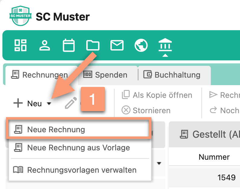 Screenshot mit nummerierter Markierung ① beim Button "Neu" im Modul Rechnungen mit geöffnetem Menü und hervorgehobenem Eintrag "Neue Rechnung"