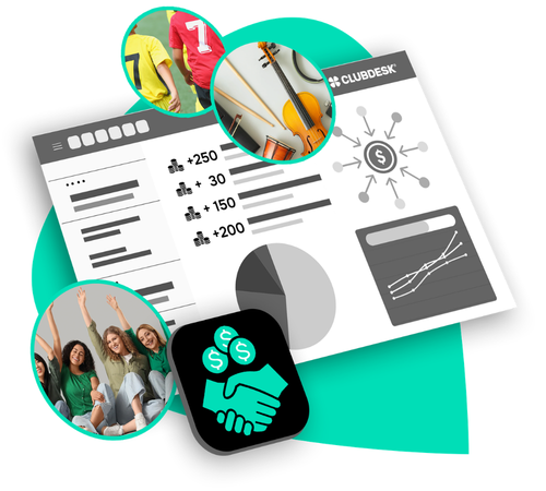 Alt-Text: Illustration einer ClubDesk-Beitragsübersicht mit unterschiedlichen Beträgen und Auswertungsdiagrammen, umrahmt von Vereins-Sujets und einem Handschlag-Symbol für die Bezahlung.