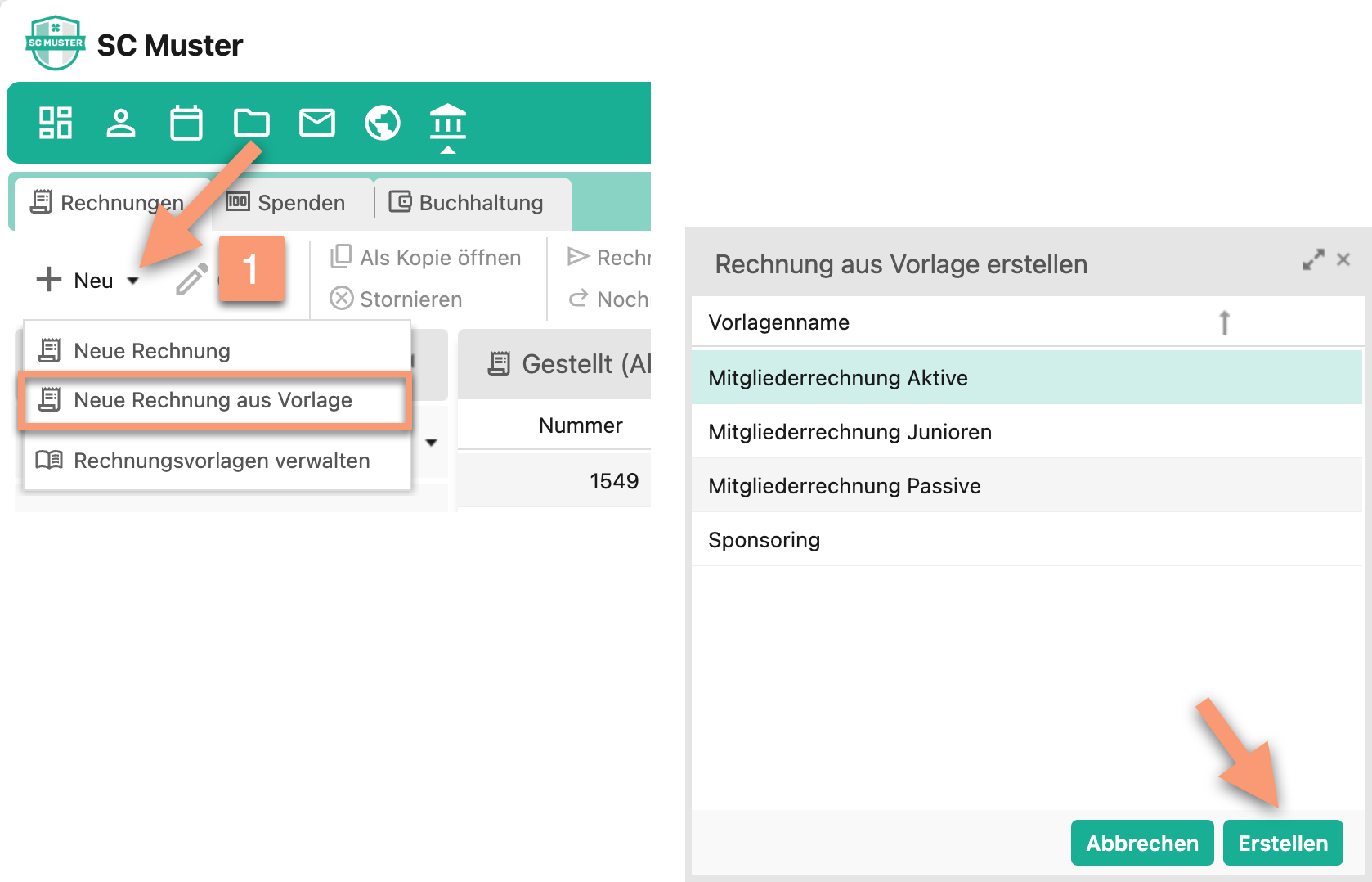 Screenshot mit nummerierter Markierung ① beim Button "Neu" im Modul Rechnungen mit geöffnetem Menü und hervorgehobenem Eintrag "Neue Rechnung aus Vorlage"; daneben der Dialog "Rechnung aus Vorlage erstellen" mit ausgewählter Vorlage "Mitgliederrechnung Aktive" und hervorgehobenem Button "Erstellen".
