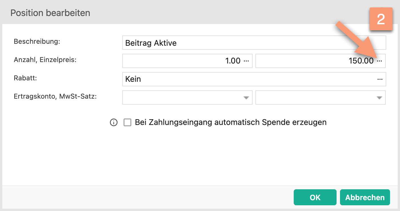 Screenshot des Dialogfensters "Position bearbeiten" auf dem ein Pfeil auf das "Drei-Punkte-Symbol" zeigt, mit der Markierung für Schritt ②