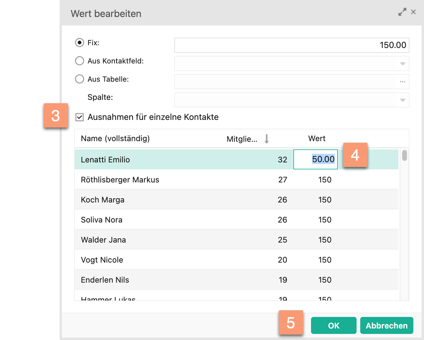 Screenshot des Dialogs "Wert bearbeiten" mit nummerierten Markierungen: ③ aktiviertes Kästchen "Ausnahmen für einzelne Kontakte", ④ ein einzelner angepasster Betrag bei einem Mitglied in der Liste, ⑤ Button "OK".