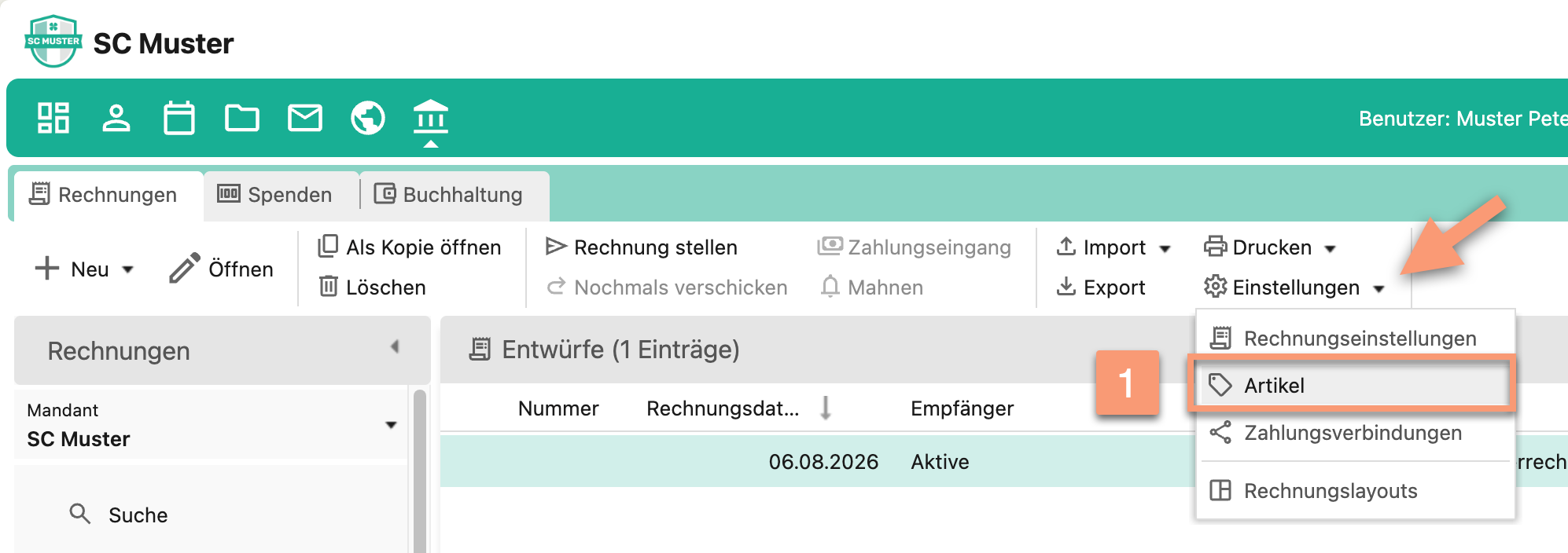 Screenshot des Moduls Rechnungen mit nummerierter Markierung ① beim Menüpunkt "Einstellungen" und hervorgehobenem Eintrag "Artikel".