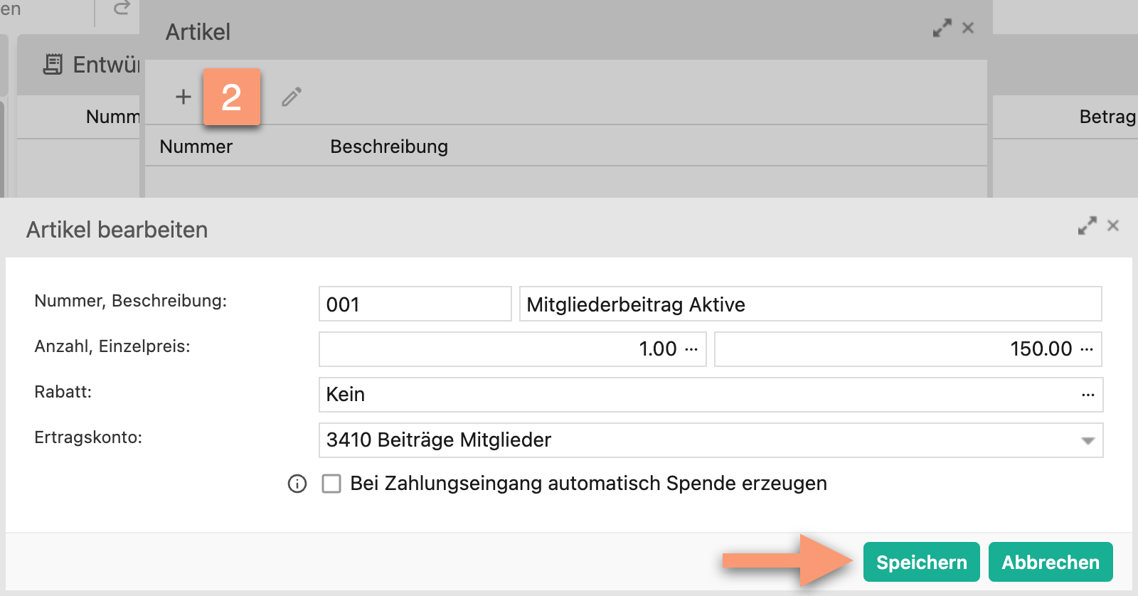 Screenshot des Dialogs zum Anlegen eines neuen Artikels mit den Feldern Nummer, Beschreibung, Anzahl, Einzelpreis und Ertragskonto, ausgefüllt mit dem Beispiel "Mitgliederbeitrag Aktive".