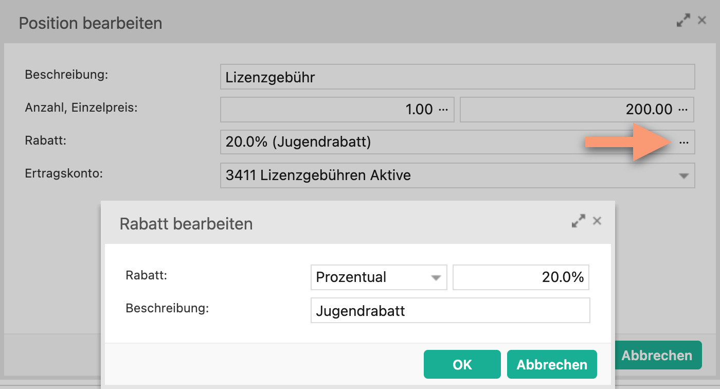 Dialog «Position bearbeiten» in ClubDesk. Ein Pfeil zeigt auf die Schaltfläche zum Bearbeiten des Rabatts. Im geöffneten Dialog «Rabatt bearbeiten» sind ein prozentualer Rabatt von 20 % sowie die Beschreibung «Jugendrabatt» eingetragen.