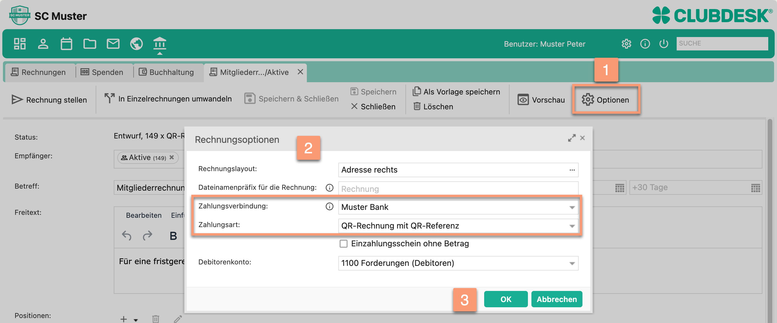 Reiter "Neue Rechnung" in ClubDesk. Der Button «Optionen» ist hervorgehoben. Im geöffneten Dialog «Rechnungsoptionen» können Einstellungen wie Rechnungslayout, Dateinamenpräfix, Zahlungsverbindung, Zahlungsart und Debitorenkonto festgelegt werden. Änderungen werden mit «OK» übernommen.