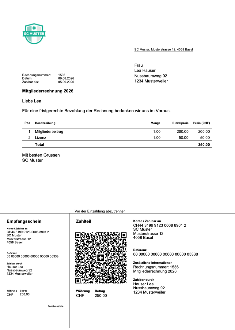 Vorschau einer fertigen Rechnung in ClubDesk. Die Rechnung enthält die ausgewählte Zahlungsart «QR-Rechnung mit QR-Referenz» und zeigt im unteren Bereich automatisch den passenden Zahlteil mit QR-Code für die Bezahlung.