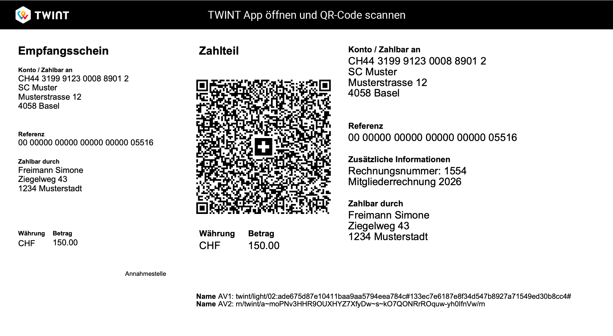 Screenshot eines QR-Zahlschein mit zusätzlichem TWINT-Banner "TWINT App öffnen und QR-Code scannen" oberhalb des Zahlteils.
