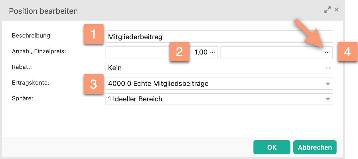 Fenster "Position bearbeiten" mit markierten Feldern: 1 Beschreibung, 2 Anzahl, 3 Ertragskonto, 4 die drei Punkte beim Einzelpreis.
