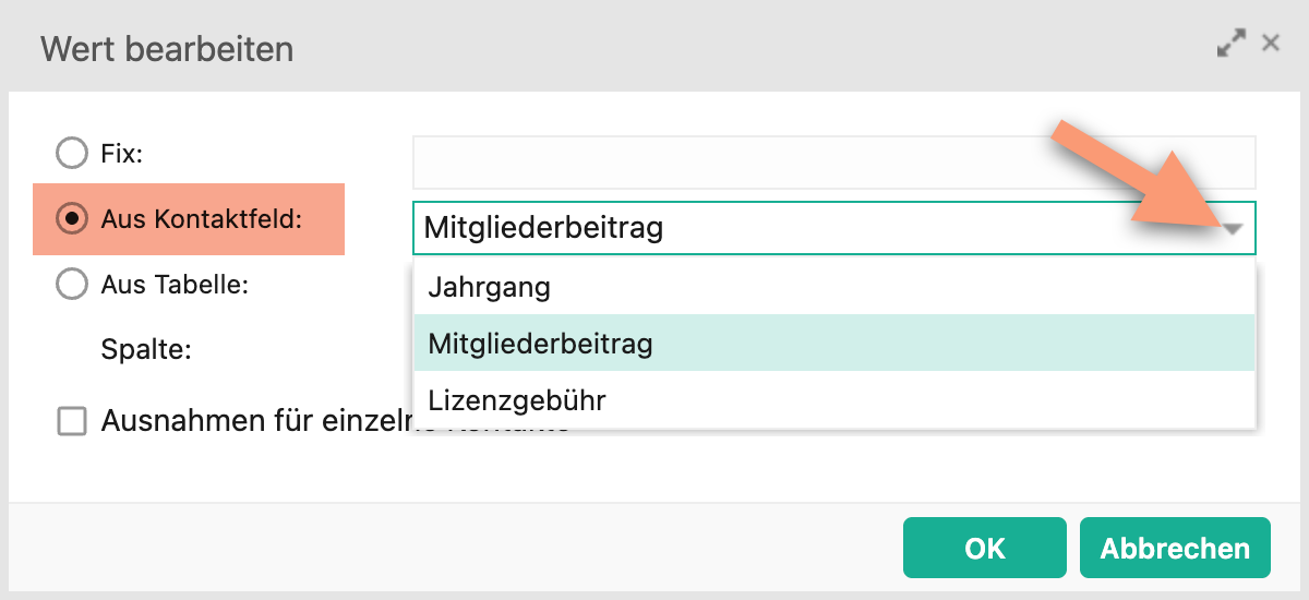 Fenster "Wert bearbeiten" mit aktiviertem Radiobutton "Aus Kontaktfeld" und geöffnetem Dropdown, das ausschliesslich Kontakt-Zusatzfelder vom Typ Zahl auflistet.