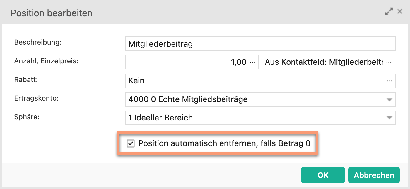 Fenster "Position bearbeiten" mit Einzelpreis 0.00 und der zusätzlich eingeblendeten, standardmässig aktivierten Checkbox "Position automatisch entfernen, falls Betrag 0".