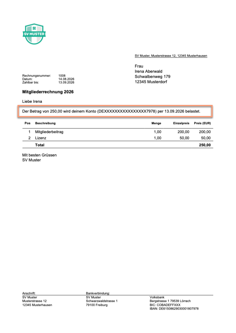 Vorschau einer fertigen Rechnung in ClubDesk. Die Rechnung enthält die ausgewählte Zahlungsart «SEPA-Lastschrift» und zeigt im Rechnungstext ​den bevorstehenden Einzug an.