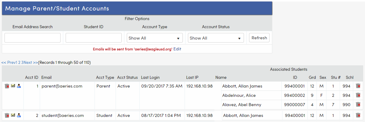 Manage Parent Student accounts page