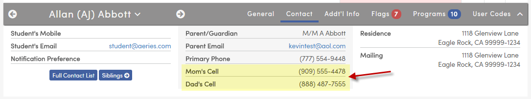 Contact phone numbers in student information bar