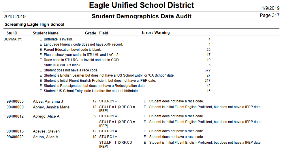 CALPADS in Aeries Basics Student Data Audit Report Aeries Software