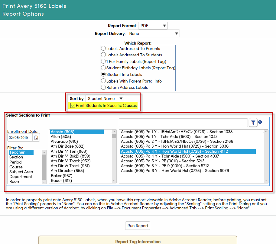 Avery 5160 Labels Aeries Software