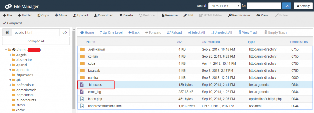 file manager cek .htaccess