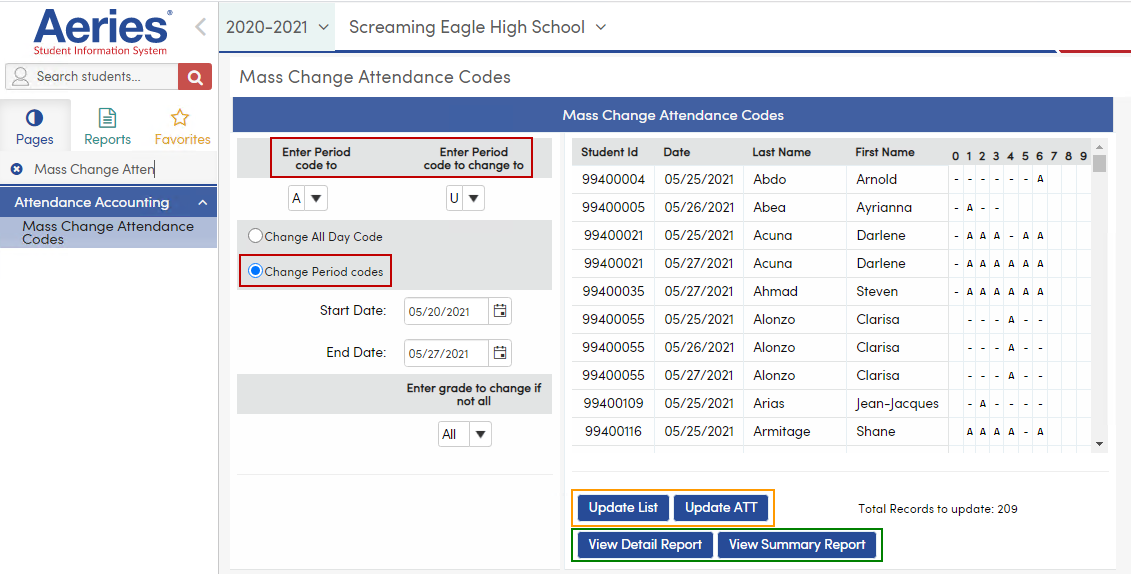 Mass Change Attendance Codes Aeries Software
