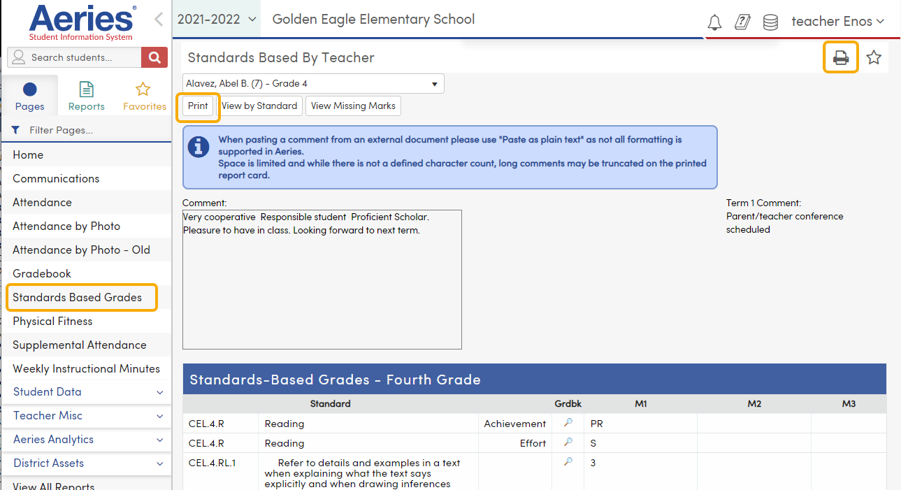 Print Standards Based Report Cards Aeries Software