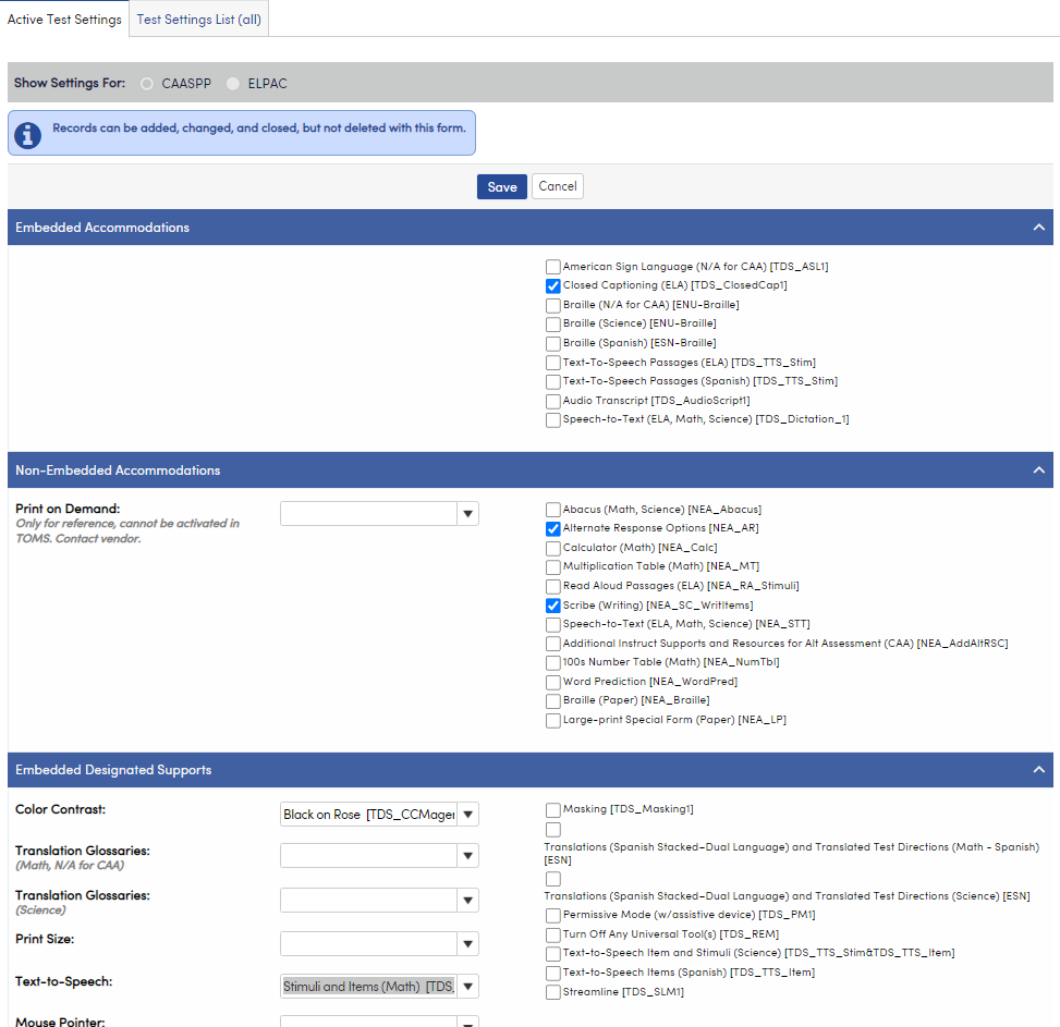 Adding/Updating Test Settings Data : Aeries Software