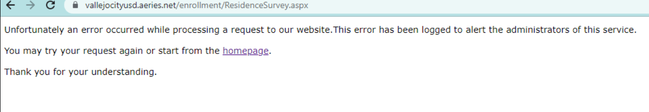 Known Issue - Online Enrollment error when accessing the Residence ...