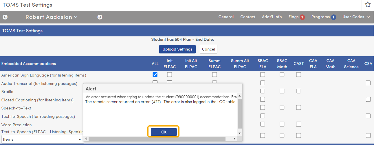 TOMS Test Settings Aeries Software