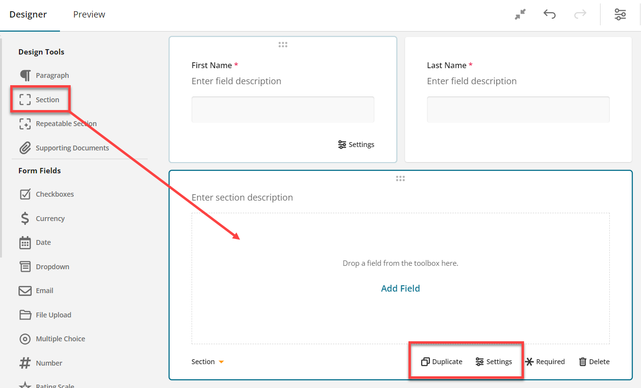 Administrator view of adding a section