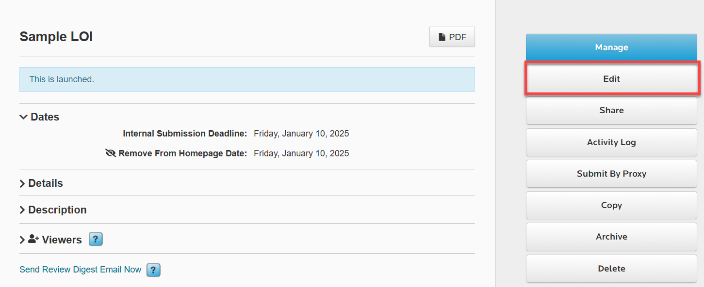 Administrator's Manage view. Edit button outlined in red on the right.
