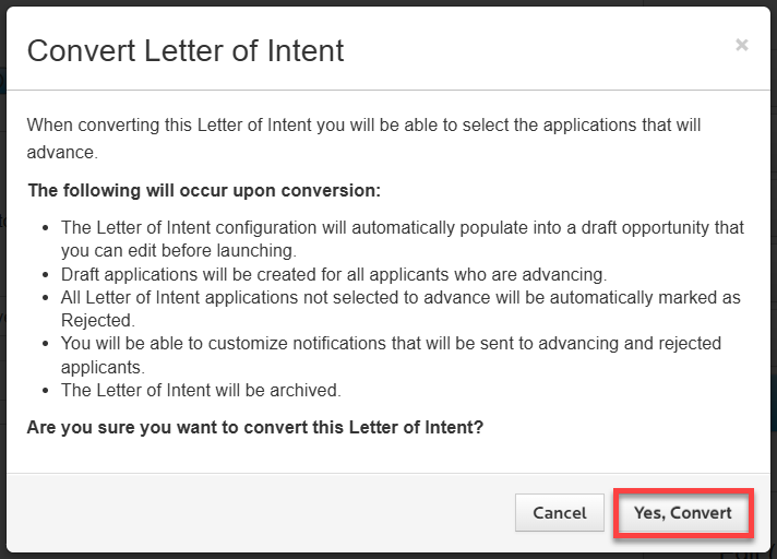 Pop-up window explaining LOI conversion process