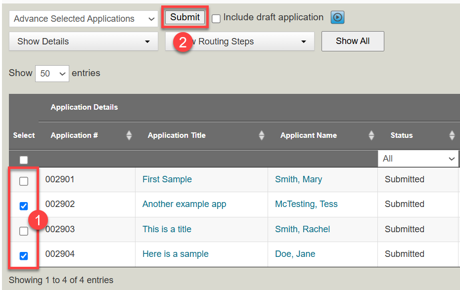 1. Check boxes next to selected applications. 2. Advance Selected Applications dropdown selected with Submit button.