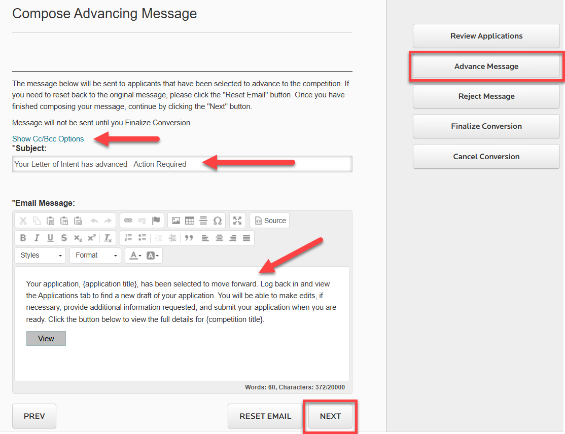 Advance Message blue button selected in right sidebar. Email message composition box below, with areas to edit Subject and body of Email Message.