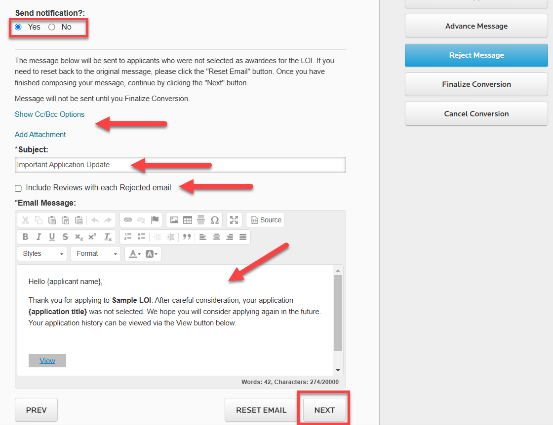 Reject Message blue button highlighted in right sidebar. Send notification with "Yes" and "No" radio buttons (Yes is selected). A checkbox labeled "Include Reviews with each Rejected email" is checked. The Next button is highlighted by a red outlined box at the bottom.