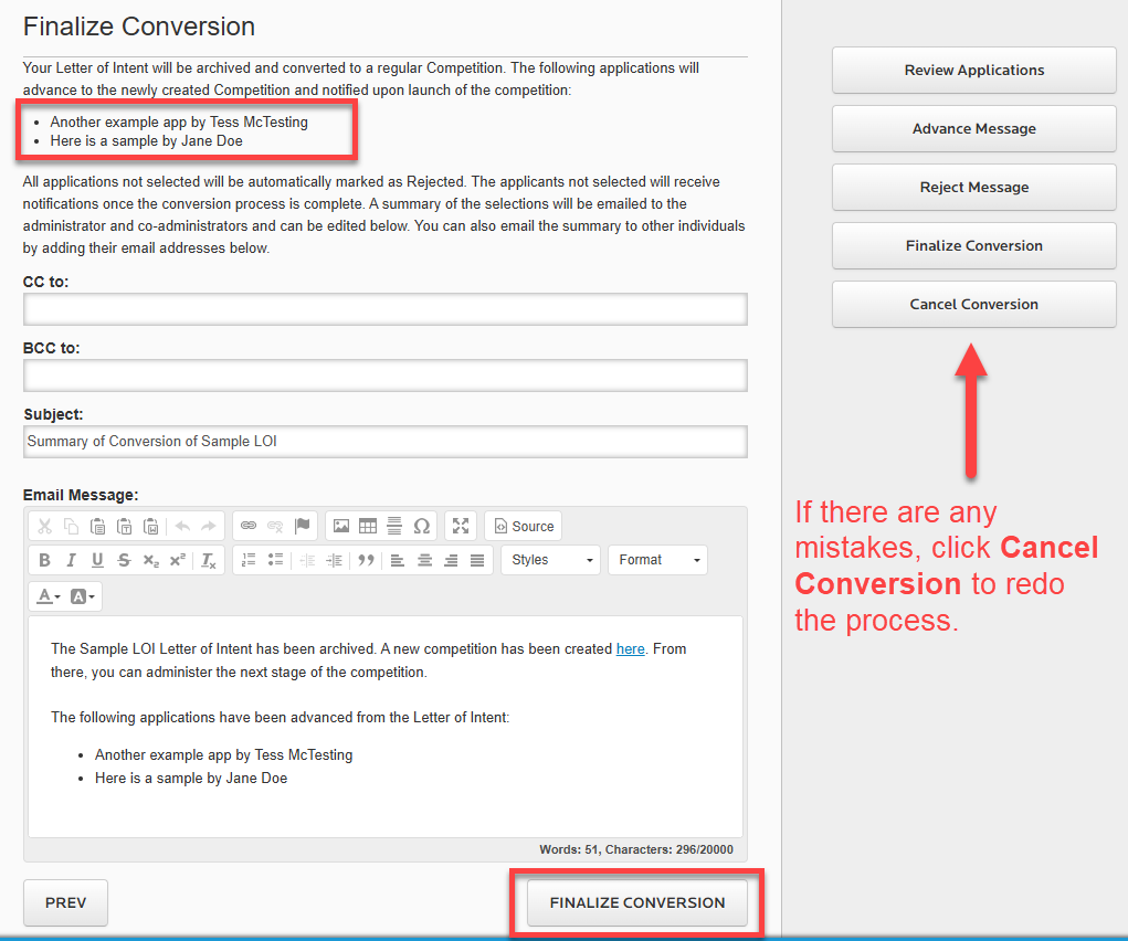 2 sample applications are highlighted by red outlined box: Another test by Mary Smith and An application by Tess McTesting. The Finalize Conversion button is highlighted at bottom. Cancel Conversion button appears at bottom of right sidebar.