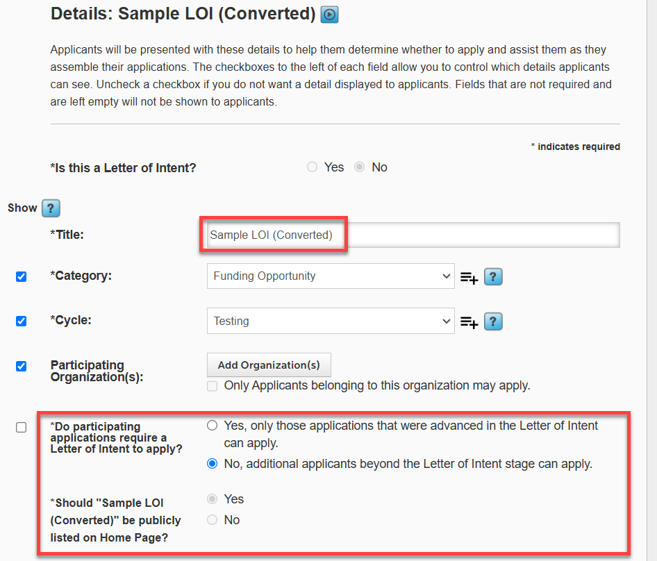 Details page of draft converted LOI