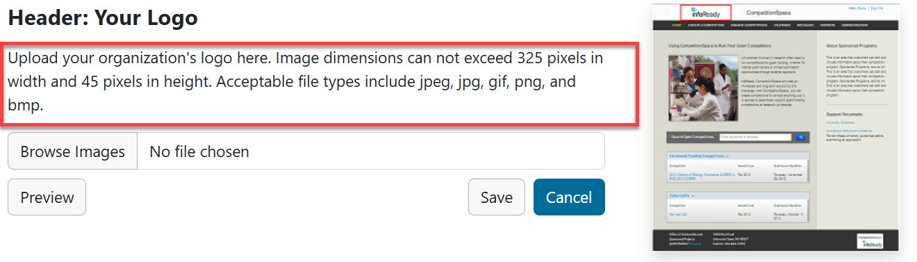 Header Logo section: Upload your organization's logo here. Image dimensions cannot exceed 325 pixels in width and 45 pixels in height. Acceptable file types include jpeg, jpg, gif, png, and bmp.