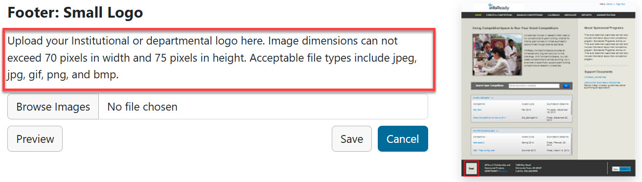 Footer logo section: Upload your institutional or departmental logo here. Image dimensions cannot exceed 70 pixels in width and 75 pixels in height. Acceptable file types include jpeg, jpg, gif, png, and bmp.