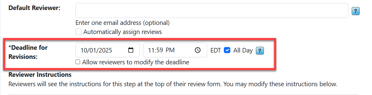 admin view of deadline for revisions in set up