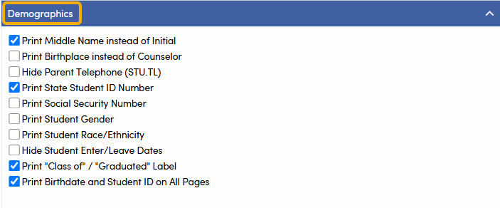 Transcript Definition - General Tab - Demographics