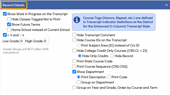 Transcript Definition - Record Details Tab