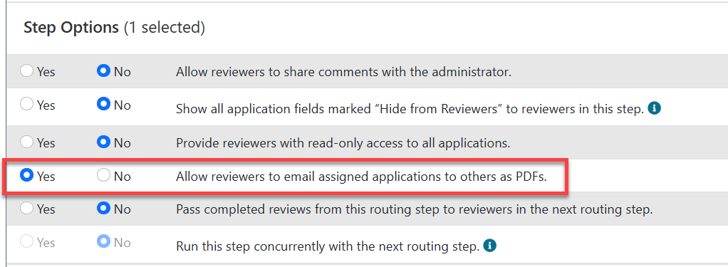 Administrator view of step options panel with red outline around the "Allow reviewers to email assigned applications to others as PDFs"