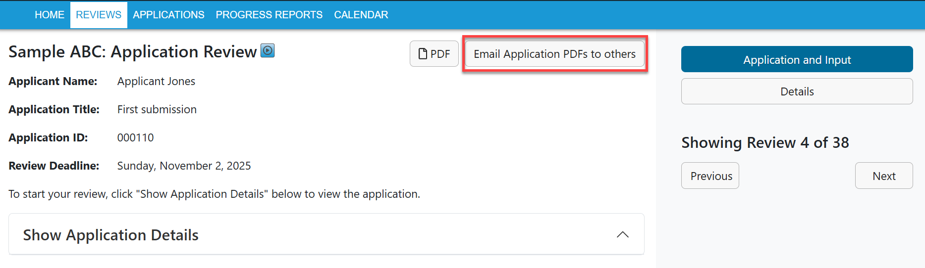Reviewer view of Email Application PDFs to others
