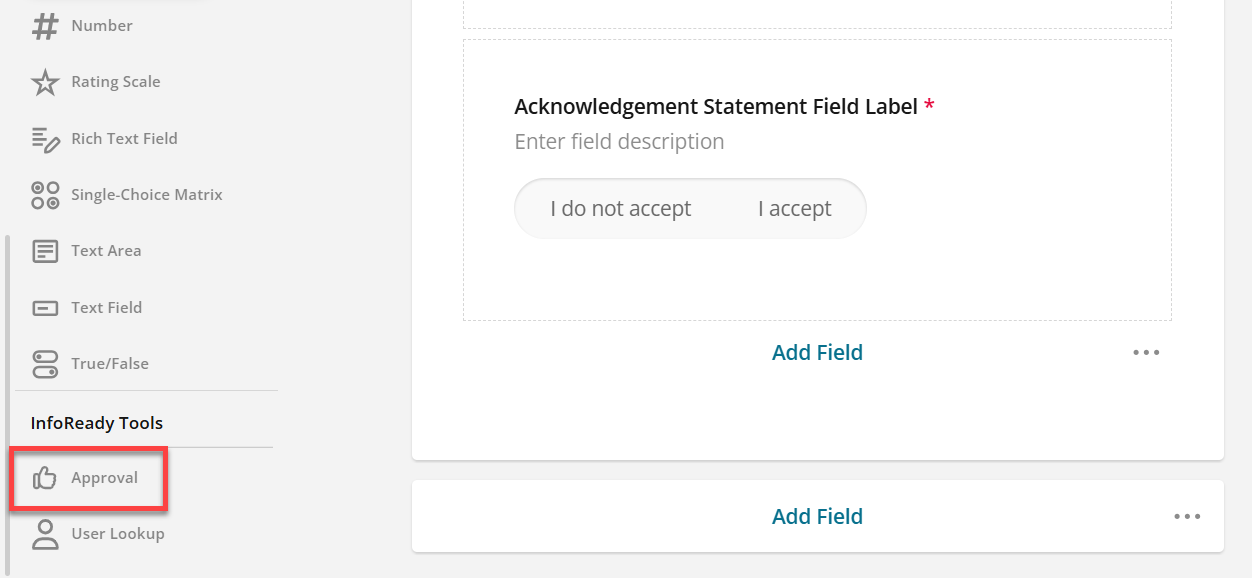 Admin view of Approval tool in InfoReady Tools section of the toolbar. It is outlined in red.