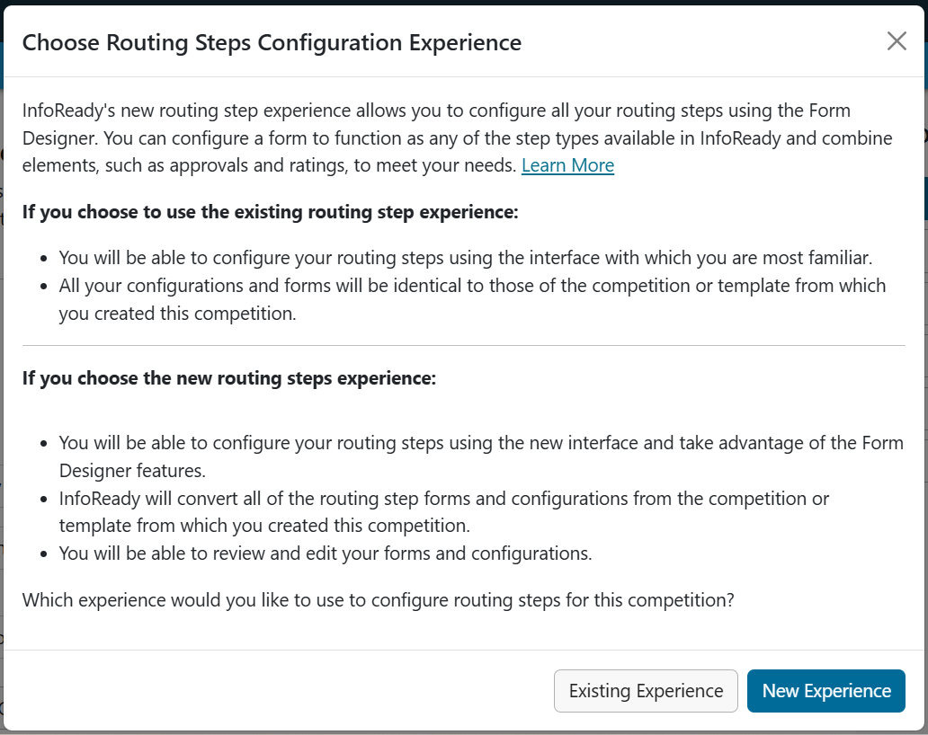 Modal to choose routing steps configuration experience