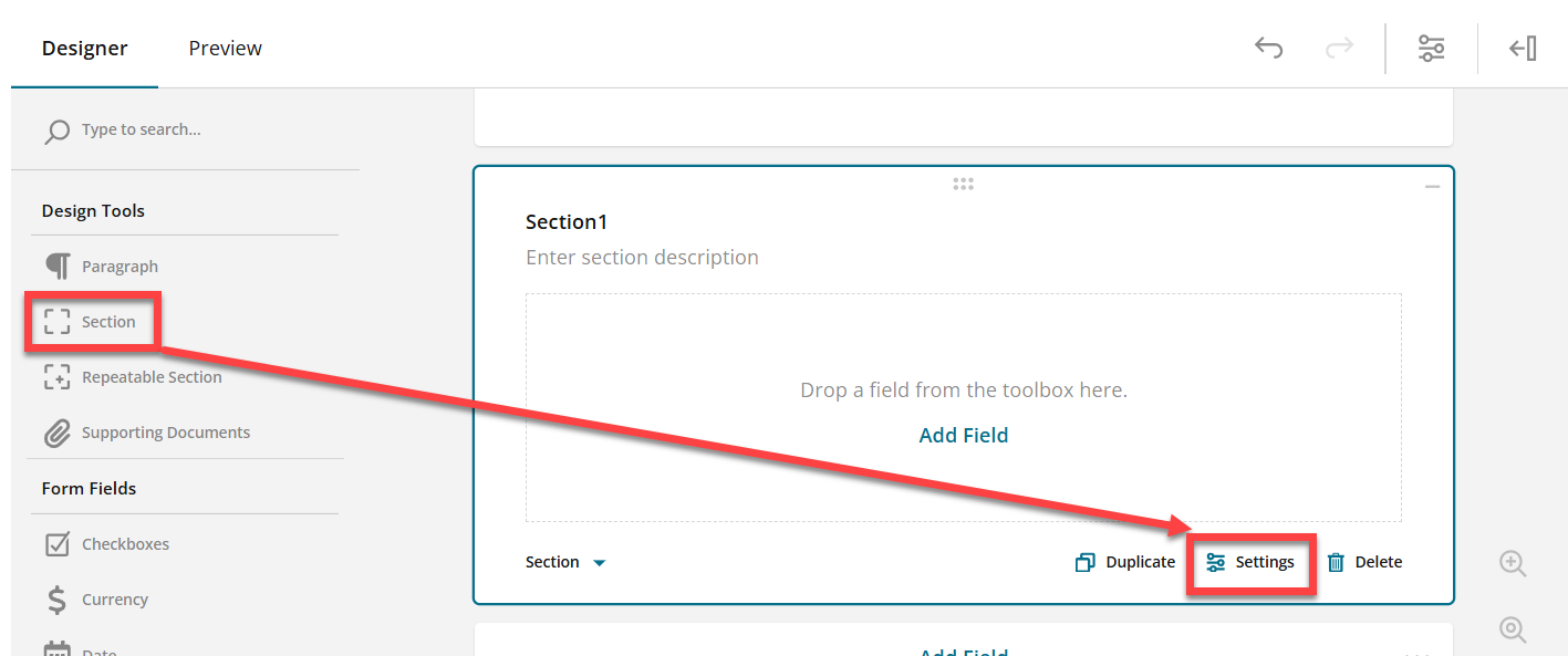 Administrator view of adding a section
