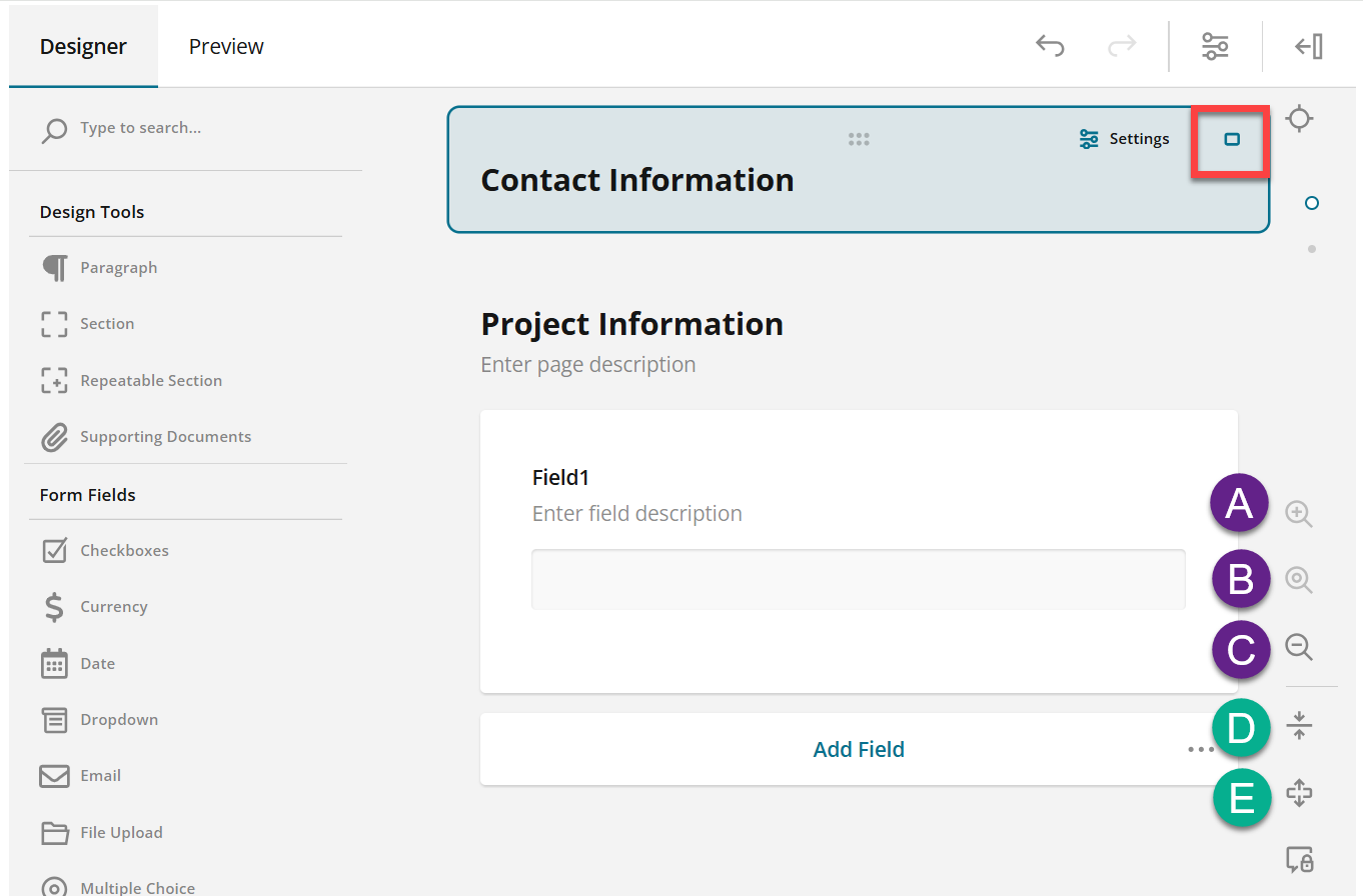 Administrator view of collapsed page 1 with expanded page 2 and various zoom options corresponding to letters