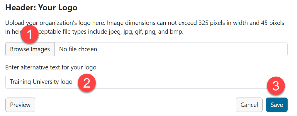 1. Browse Images button. 2. Alternative text. 3. Save button in lower right.