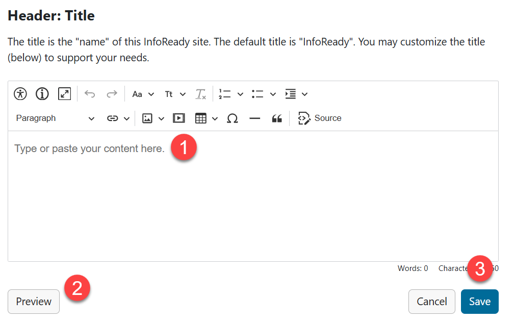Text box editor with "Application Portal" typed in. 2. Preview button in lower left. 3. Save button in lower right.