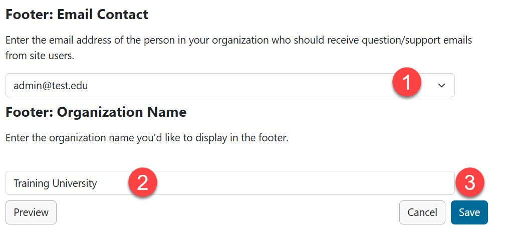 Admin view of footer email contact and organization name.