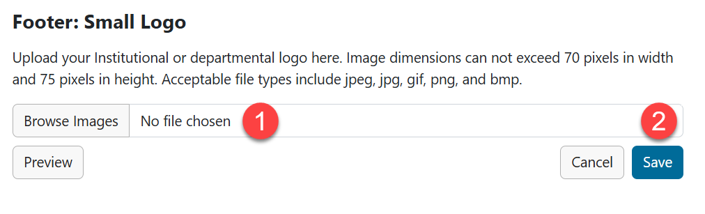 Footer: Small Logo section. 1. Browse Images button to the right. 2. Upload button below to the left. 3. Save button in lower right.
