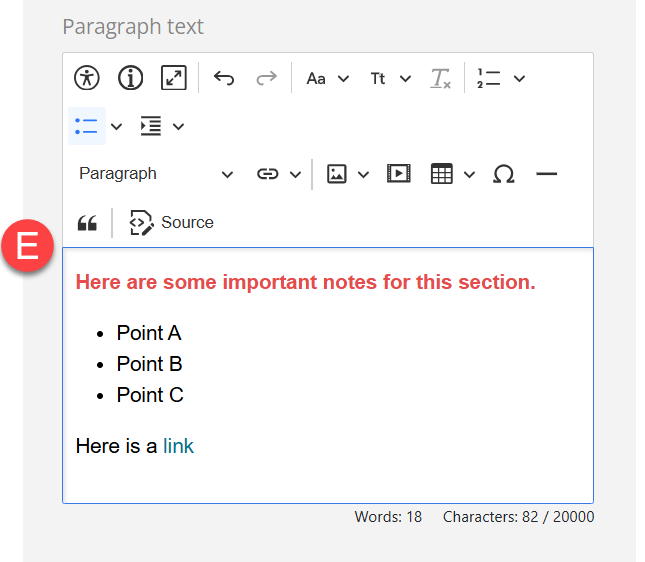 Admin view of customized paragraph text
